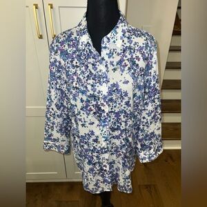 Coldwater Creek No Iron Spring Floral Button-Front Top Blue & Purple Print L 14